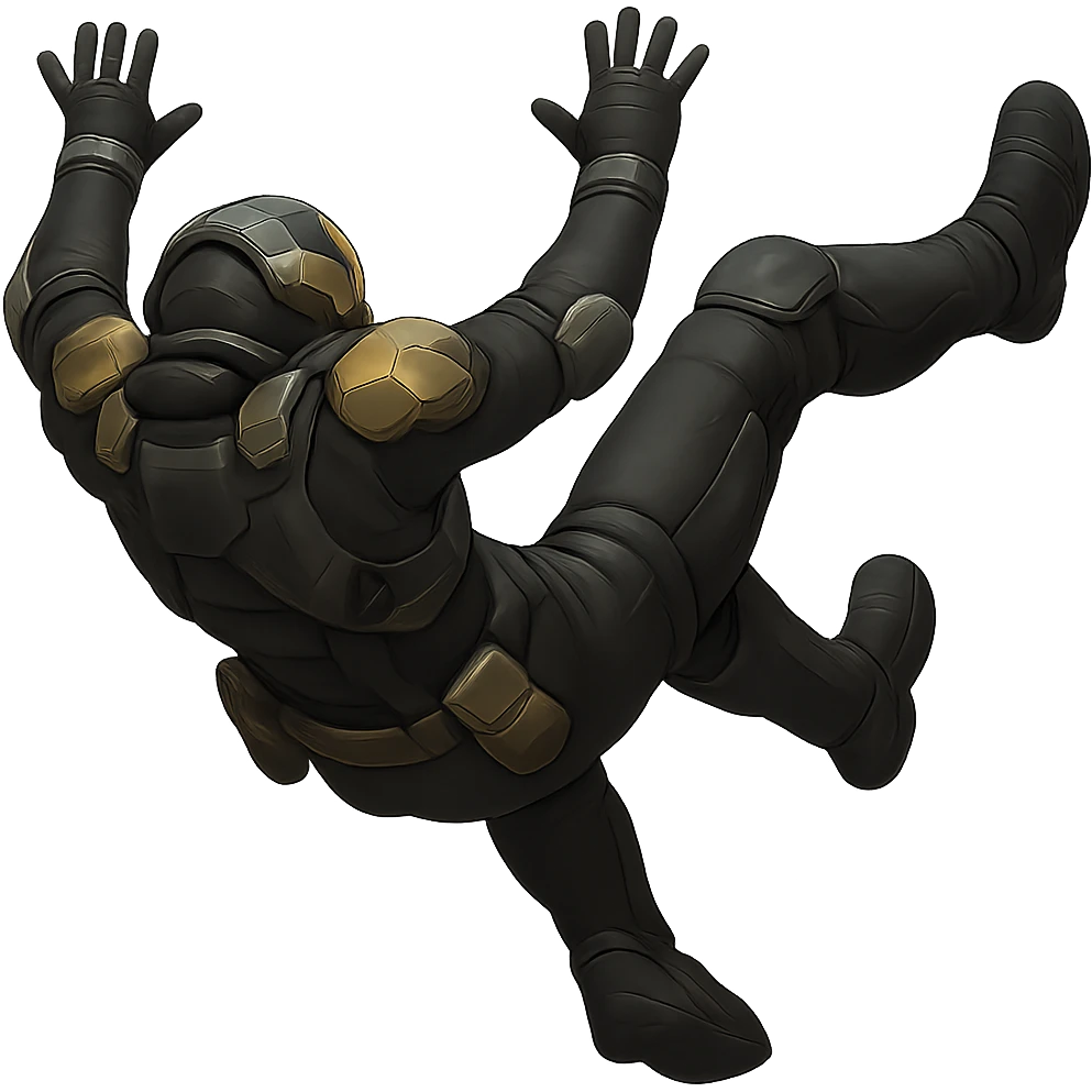 Edit the armored soldier to be shown from the rear view, falling backwards with his arms flailing. Match the original style and colors exactly. Keep the background transparent. emoji