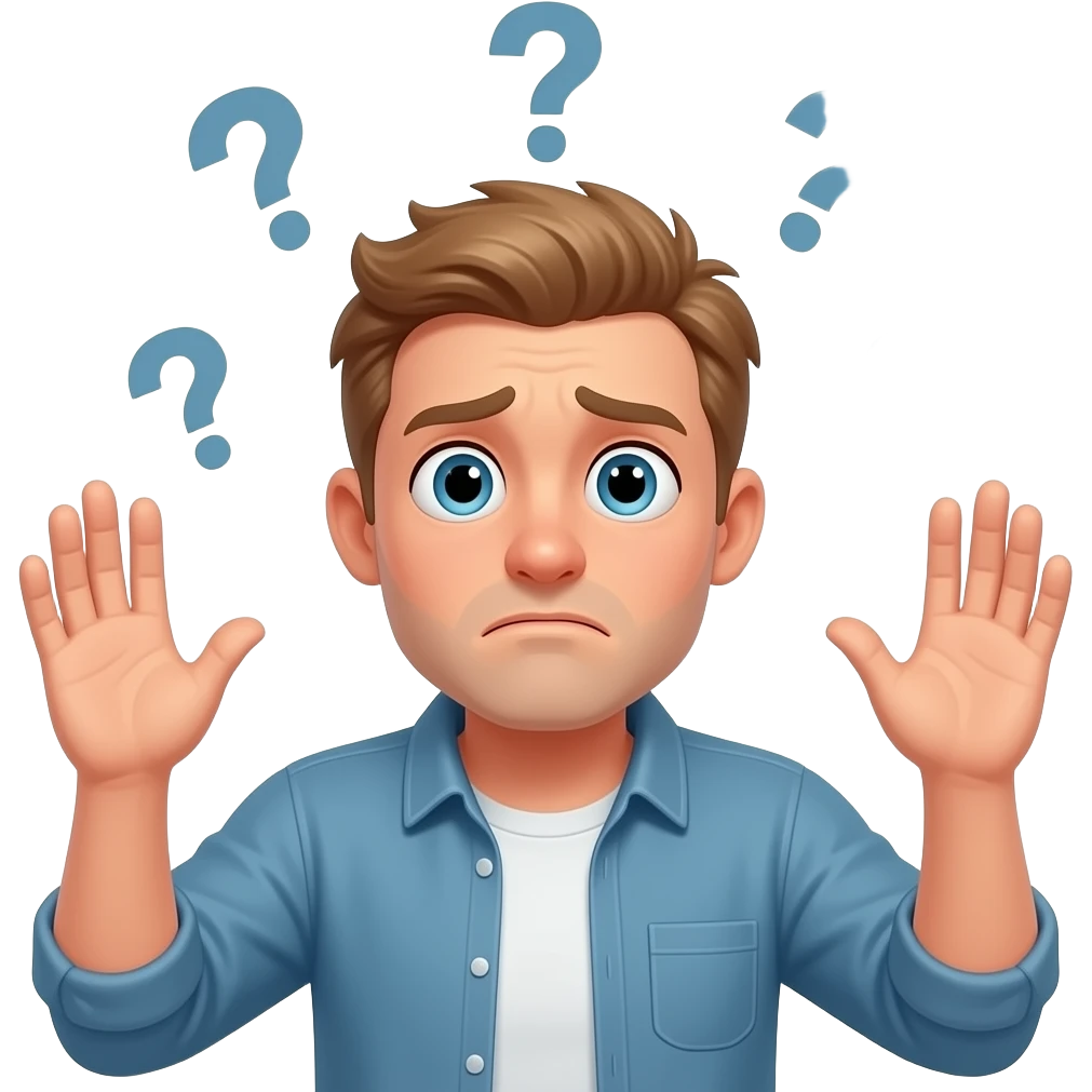 man with light brown hair, confused lost expression, both hands raised up in surrender gesture, shrugging shoulders, question marks floating around head, overwhelmed face, wide eyes, slight frown, casual outfit, emoji