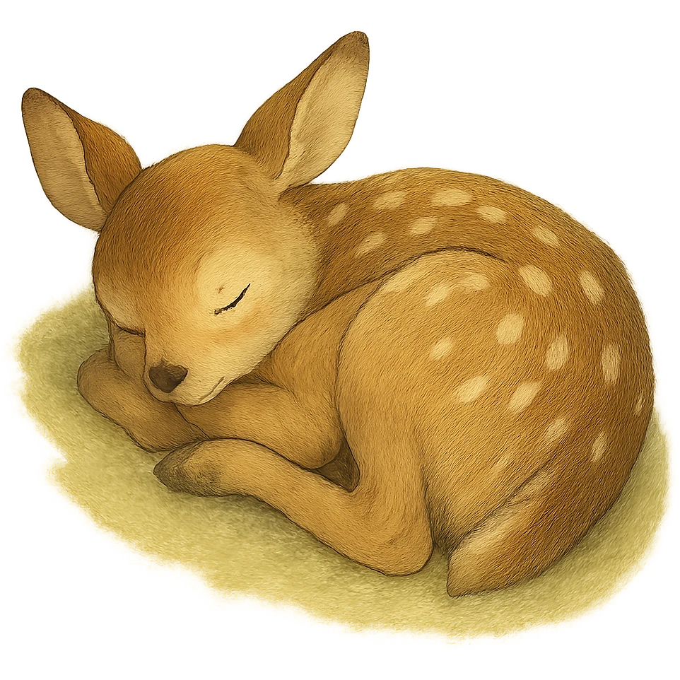 realistic baby fawn curled up sleeping, natural colors, soft, fairy-like atmosphere, no background, square size emoji
