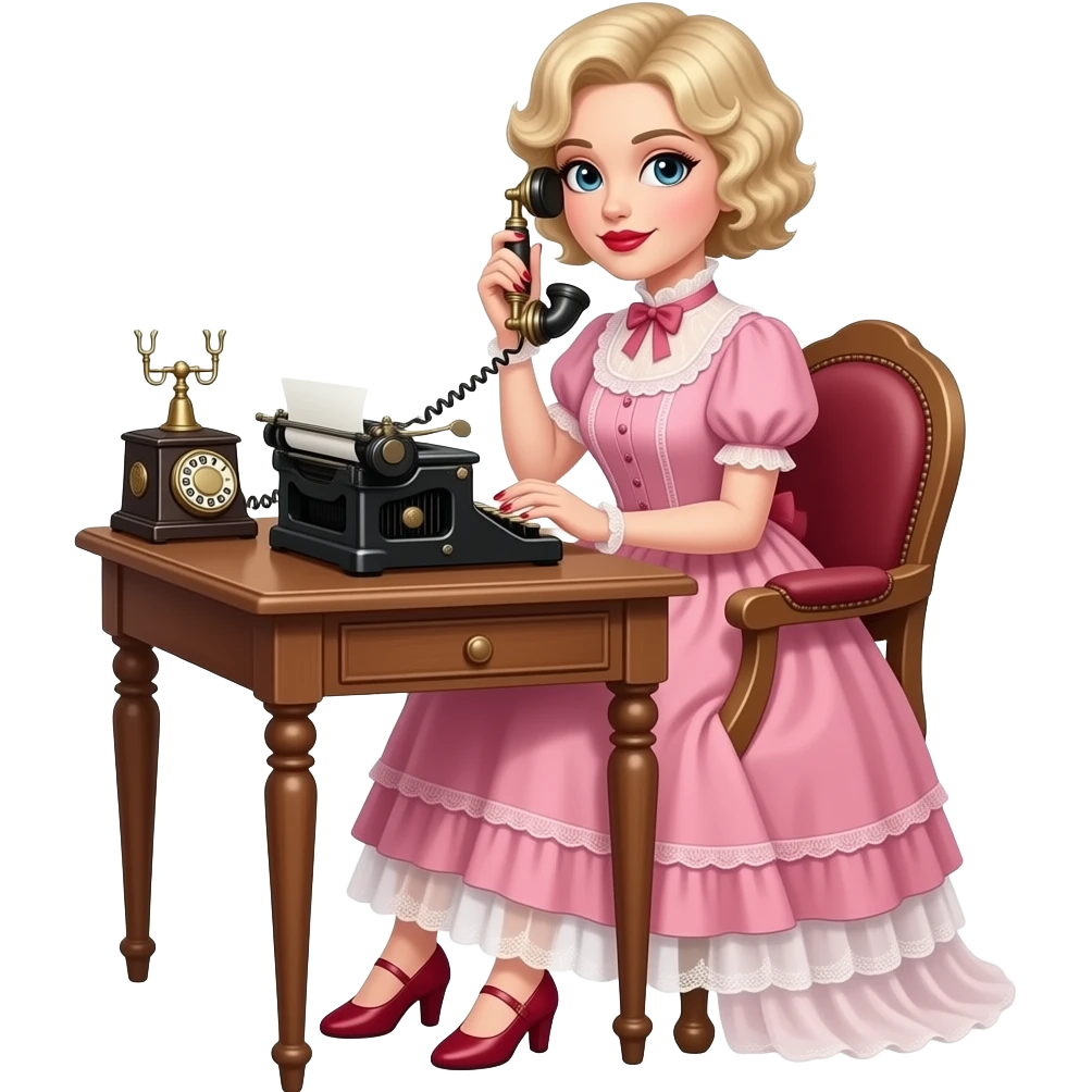short blonde curly pixie bob hair in a 1800 pink outfit sitting down an antique desk with four wood legs, antique phone, and typing on an antique typewriter with red lipstick, red finger nails and in a Victorian setting emoji