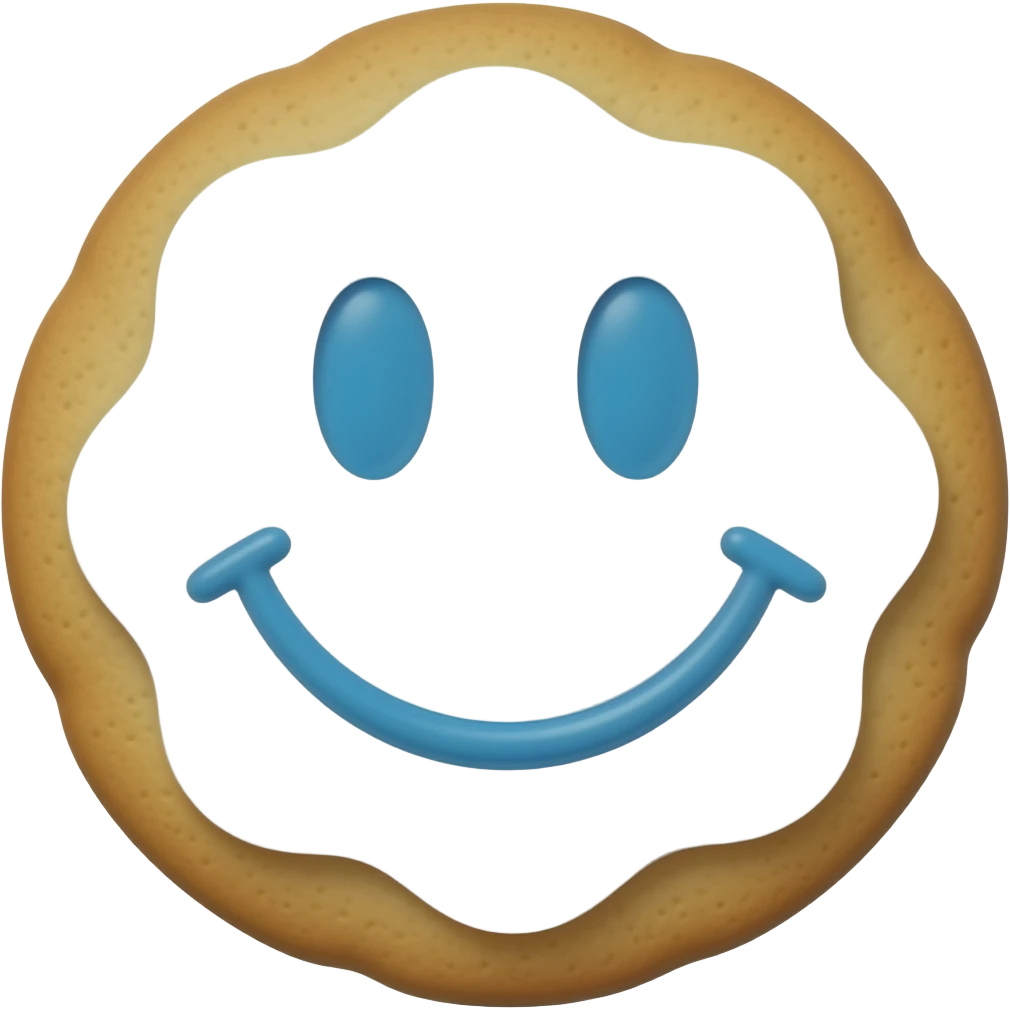 A cookie with normal dough with white icing and  a blue smiley face emoji