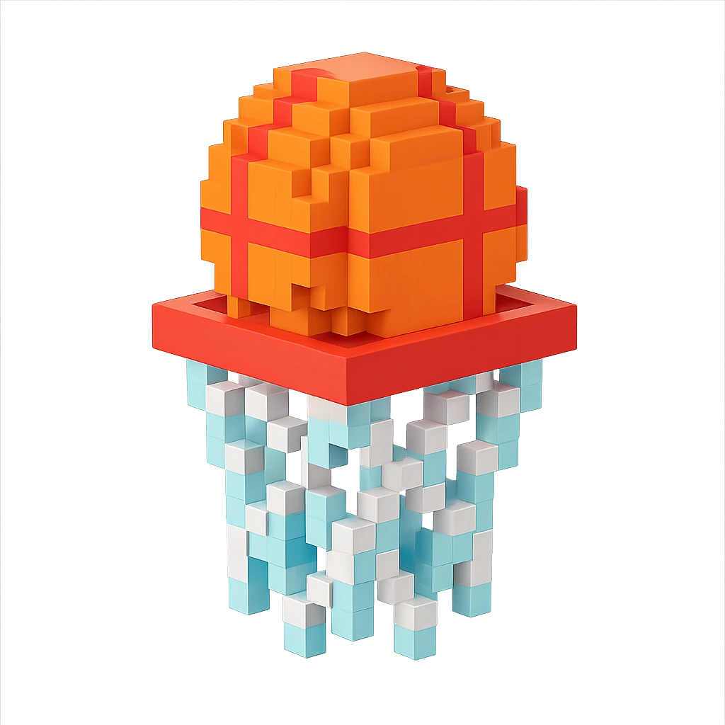 Voxel-style basketball in a net, no background, variation 8. emoji