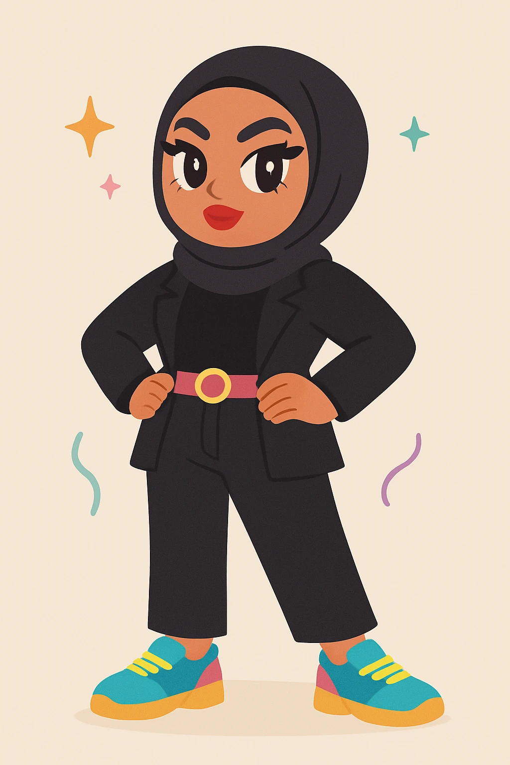 Change the outfit to black or very dark colors while keeping the baddie hijabi style. Maintain a confident pose, bold makeup, trendy outfit, stylish hijab, modern fashion, and attitude. Use vibrant colors only for accessories. emoji