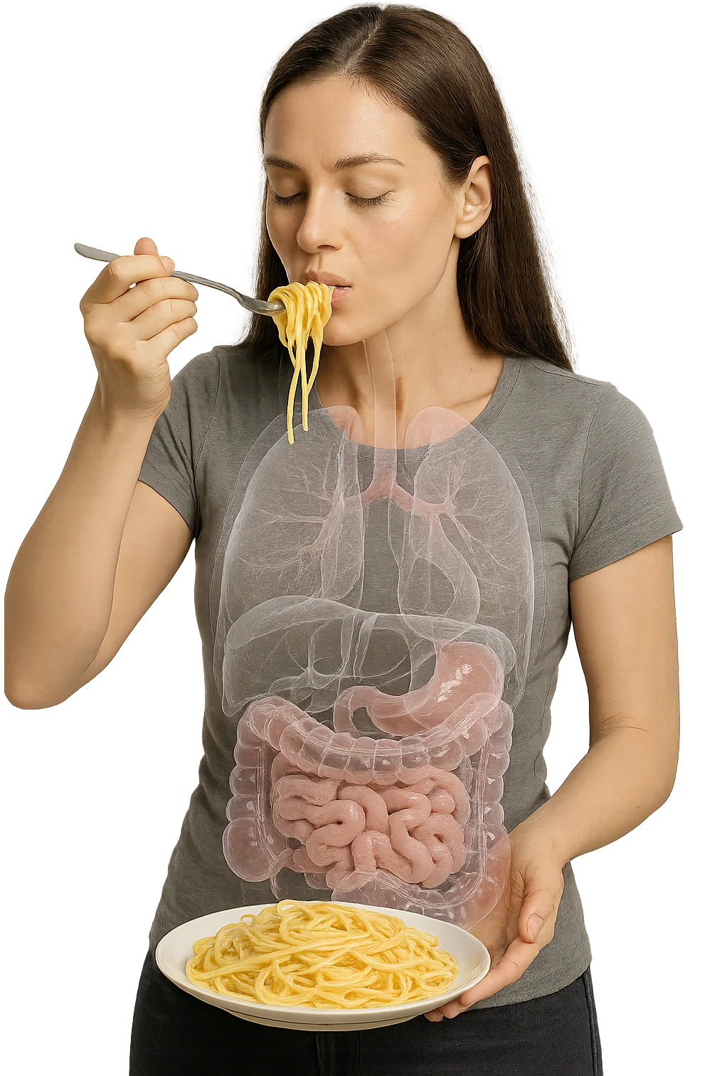 donna con intestino umano anatomico in evidenza che mangia un piatto di pasta, iperrealistico 4k emoji