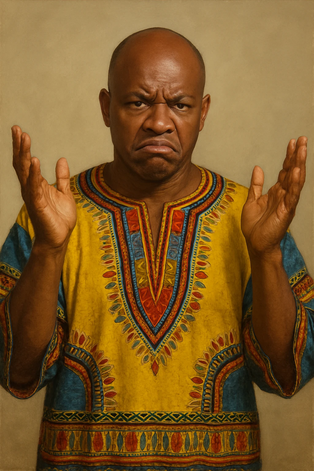 Сгенерируй мне афроамериканца в национальном африканском костюме, лысого,  . Строго в анфас. Его лицо чуточку недовольно, а руками он размахивает и разводит в сторону. На однородном фоне. В стиле реалистичной живописи. Он полностью помещается в экран и не обрезается краями изображения emoji