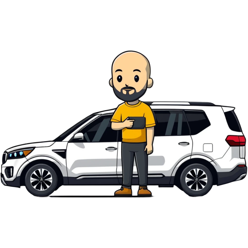 bald man with beard standing next to a Kia Mohave SUV emoji
