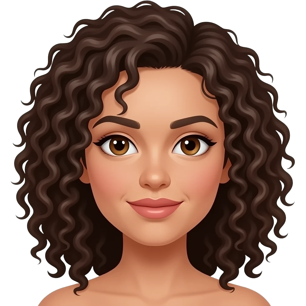 Curly haired dark brown thick eyebrien brown eyes sandy coloured skin thin pink rosy lips and doe eyes skin emoji