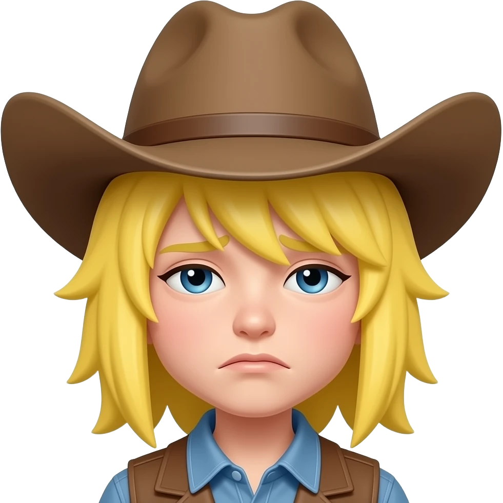 an sad yellow emo emoji with a large fringe wearing a cowboy hat emoji