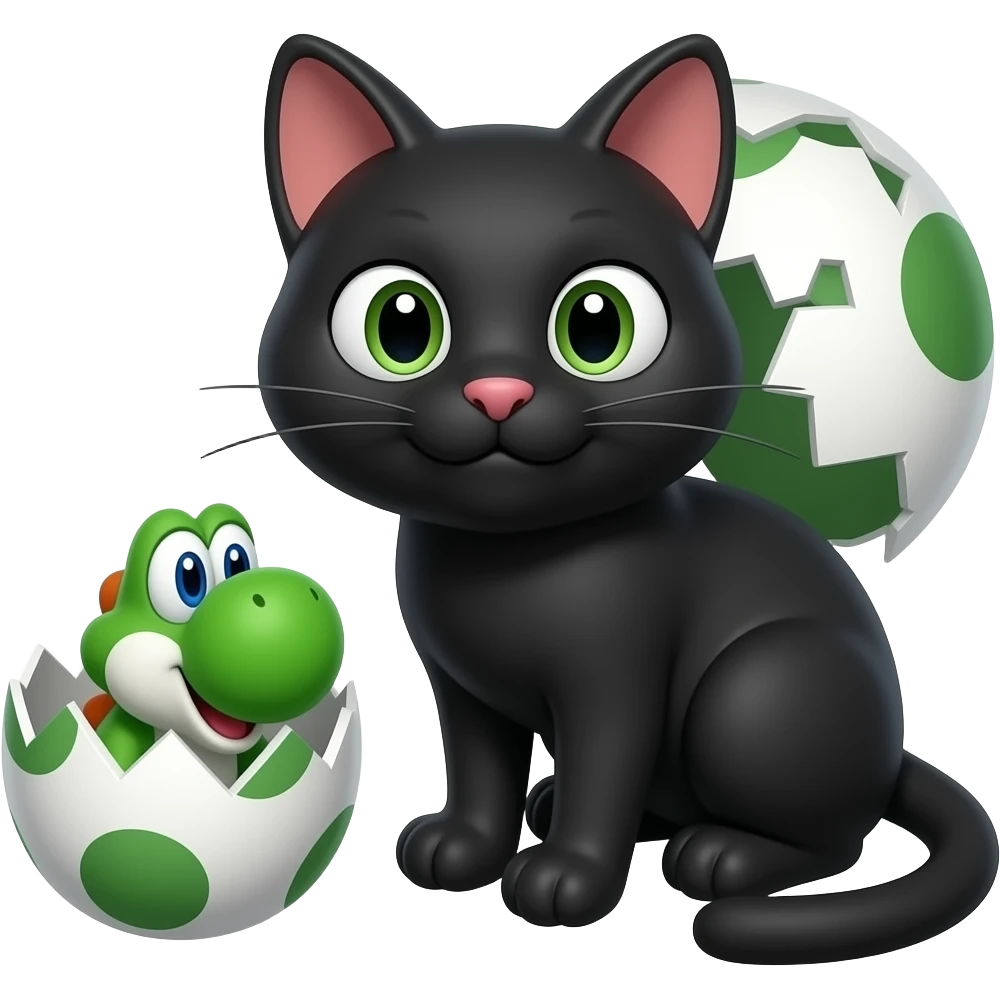 solid black cat playing with a yoshi egg from the super mario franchise, the egg is cracked open with a little yoshi popping out emoji