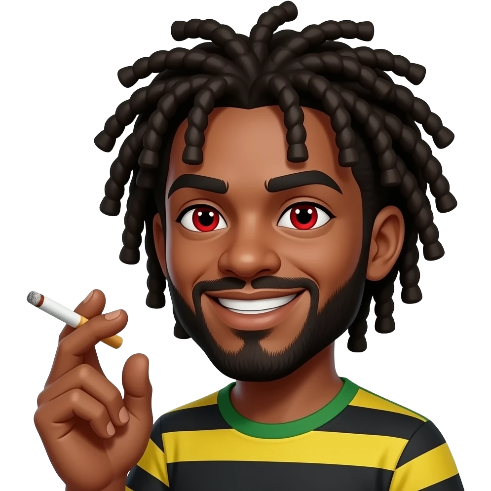 a ciggaret being inheld by a jamaican man with dreadlocks with red eyes and cunning smile emoji