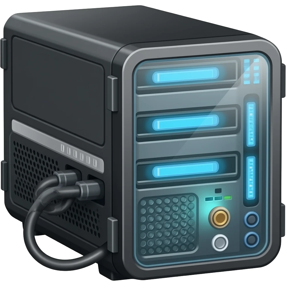 Semi‑realistic fantasy tech illustration of a black computer server tower with glowing blue vents and cables, faint ghostly light inside hinting at trapped souls, warm parchment‑style lighting, painterly shading, transparent background, square, no text. emoji
