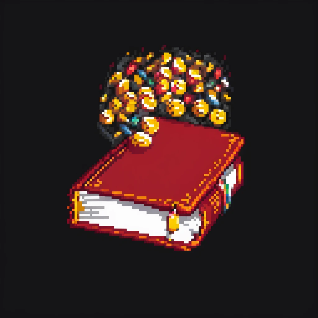 pixel art style, a red book opened with glowing ideas and coins flying out, spotlight effect emoji