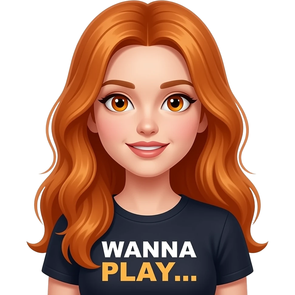 sexy girl with overlong ginger hair and ginger eyes a top with WANNA PLAY... written on it emoji