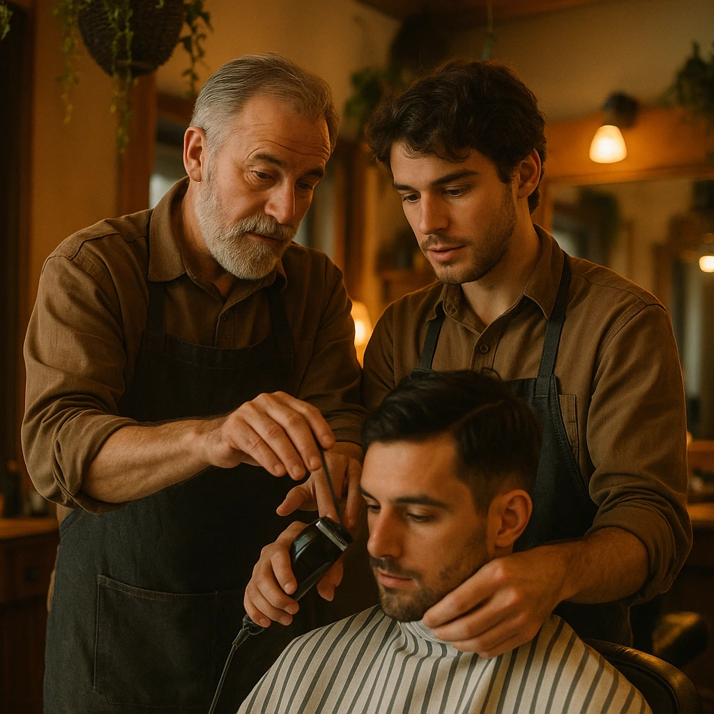 Inside a cozy barbershop with soft lighting, an experienced barber gently teaches his apprentice, guiding his hands as they cut hair together. The room is filled with warmth, plants hanging from the ceiling, and the hum of clippers emoji