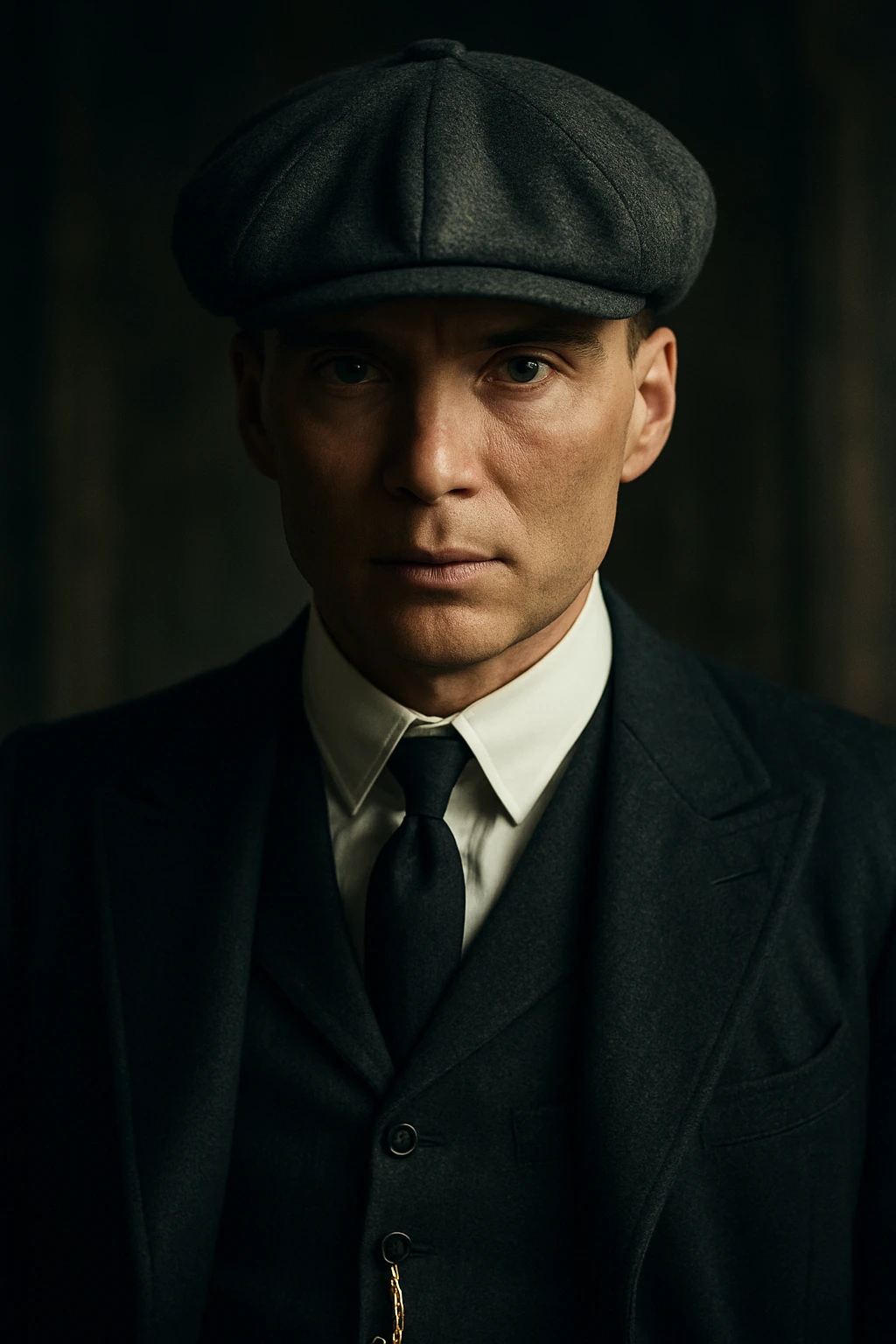 Thomas Shelby, Peaky Blinders character, sharp suit, flat cap, intense gaze, cinematic lighting emoji