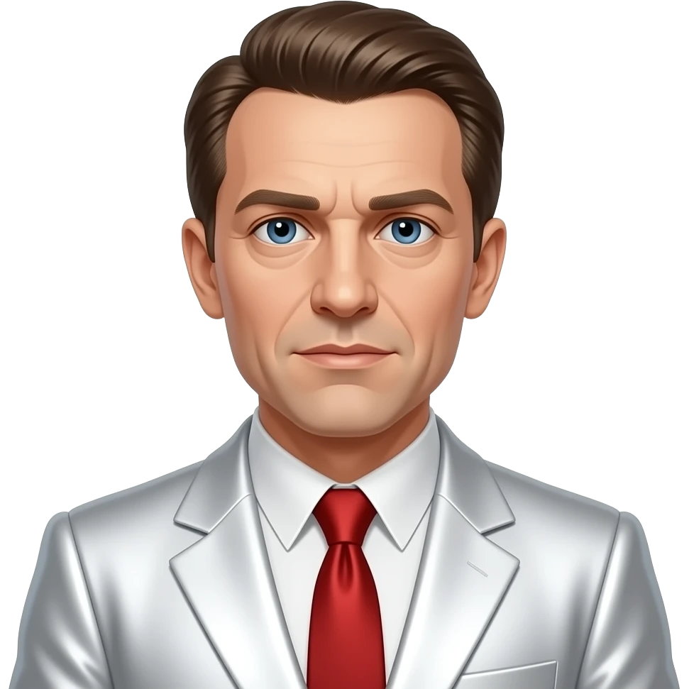 Sergei Eisenstein with dark blue eyes, brown hair, white metallic shirt, white metallic suit jacket, red metallic tie emoji
