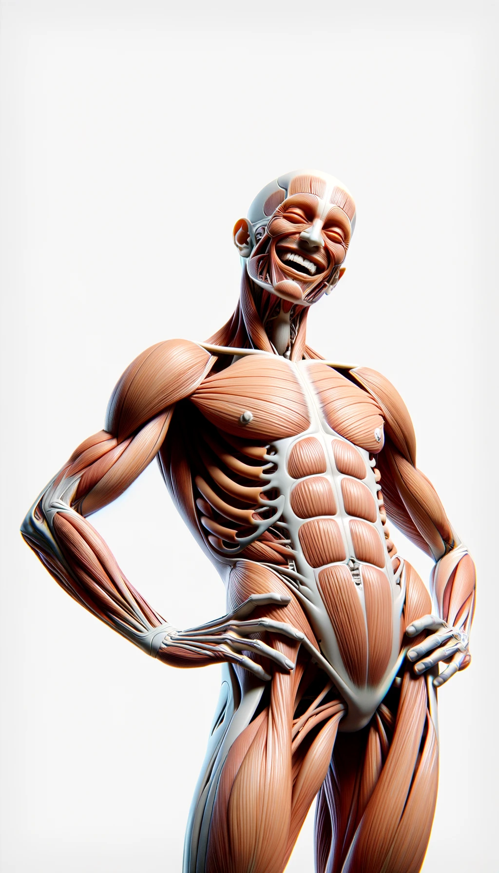 corpo umano anatomico a figura intera visibile fino ai fianchi che sorride rilassato, iperrealistico 4k, isolato su sfondo bianco emoji