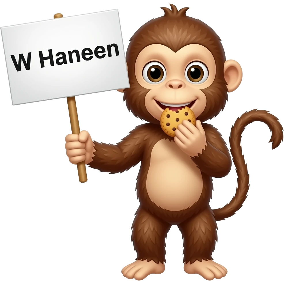 make a monkey with a sign, "W Haneen " eating a cookie emoji