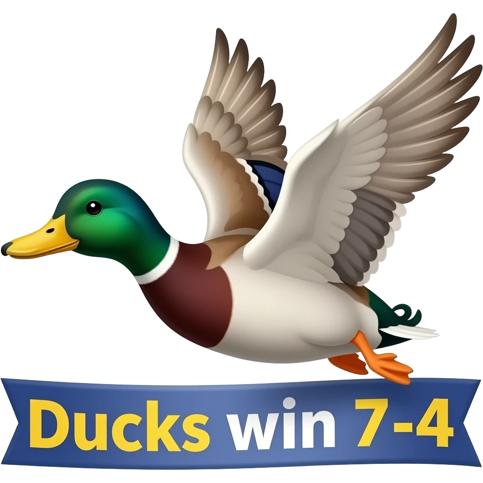 Flying duck with Ducks win 7-4 banner emoji