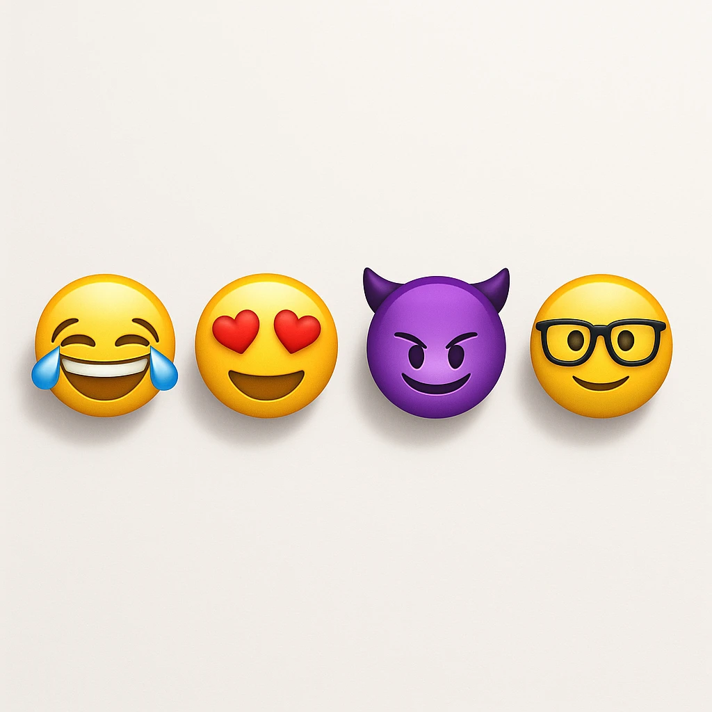 make four emojis on white background with good amount of shadow, four emojis of smiley's only. one laughing, second heart eyes, third purple devil and four black glasses emojis  emoji
