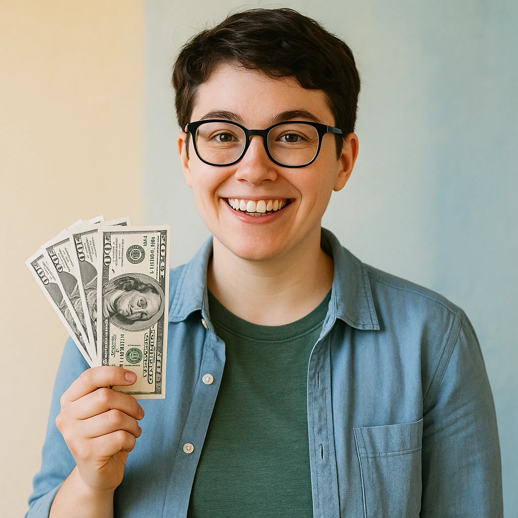 A nerd agender person with a friendly smile, holding money in one hand. Distinctive nerdy features like glasses, androgynous appearance, casual clothing, cheerful expression. emoji
