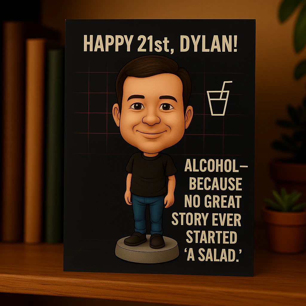 Add a birthday message: 'Happy 21st, Dylan! Wishing you a legendary year ahead.' Keep Dylan as a bobblehead character, minimal neon grid background, one drink icon, bold chrome text for the quote, and maintain the clean, balanced layout in the bobblehead style emoji