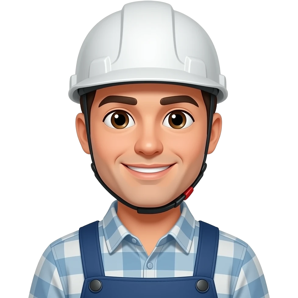 자영업자 살짝 미소  작업복 입고 헬멧은 안 쓴 젊은 남자 emoji