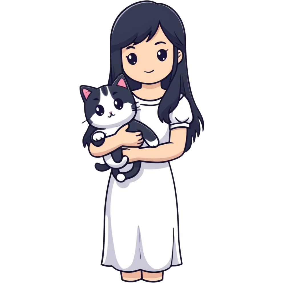 beautiful girl with long black hair wearing a white dress holding a cat in her arms emoji