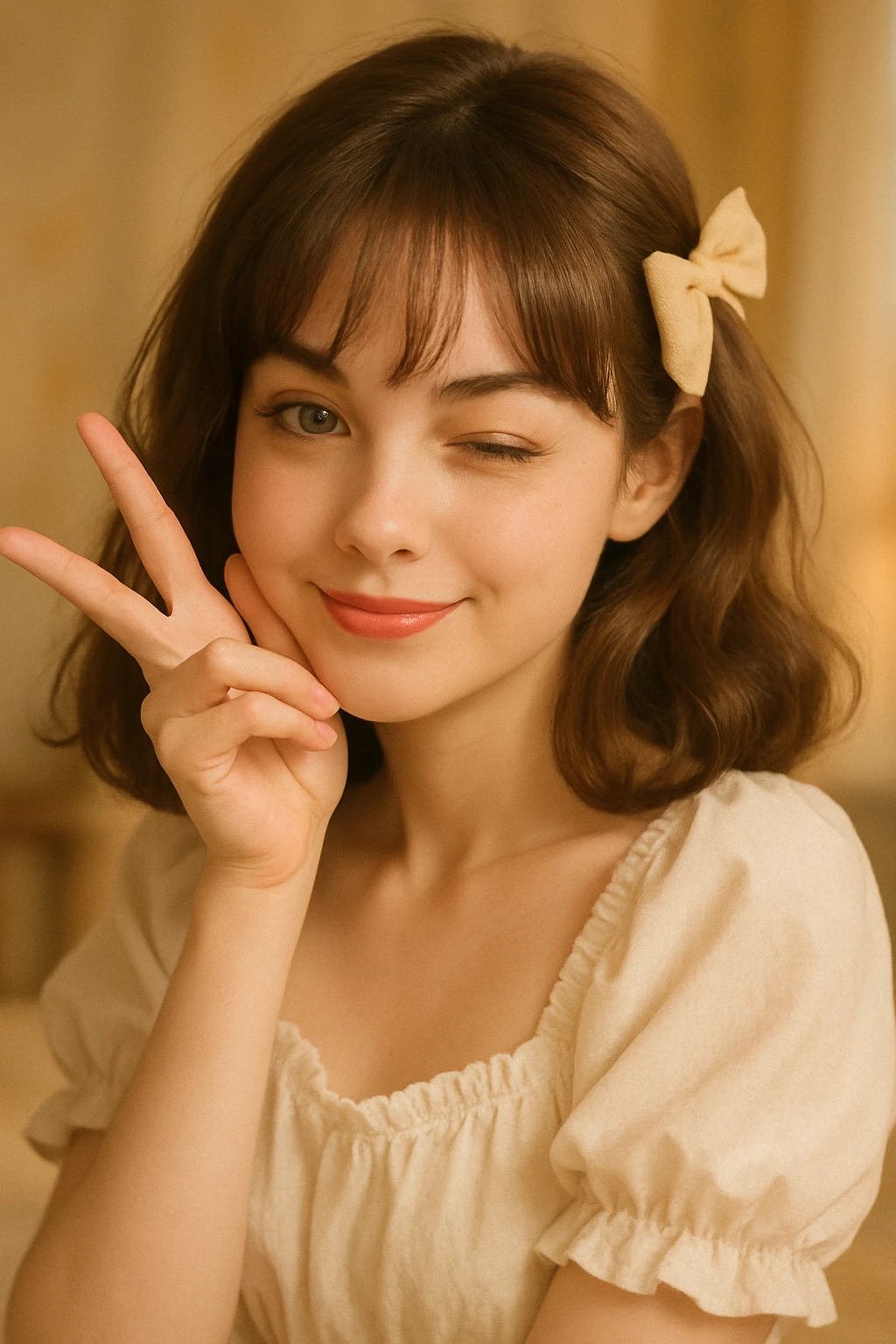 coquette girl with midi dark brown slightly wavy hair, bright skin, greenish hazel eyes, small cute lips, in a charming and playful pose emoji