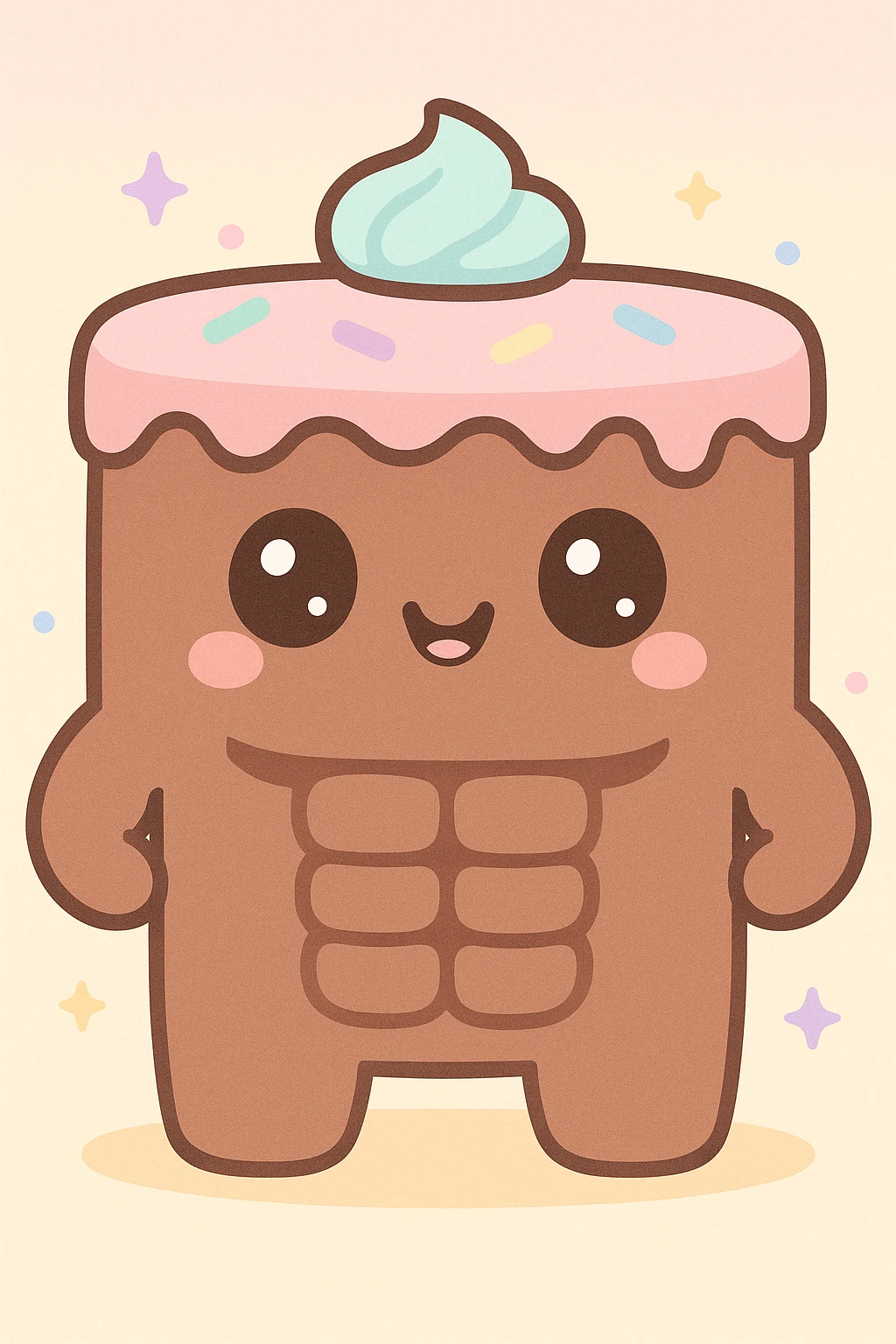 cute and expressive chocolate cake with six-pack abs, kawaii style, pastel background emoji