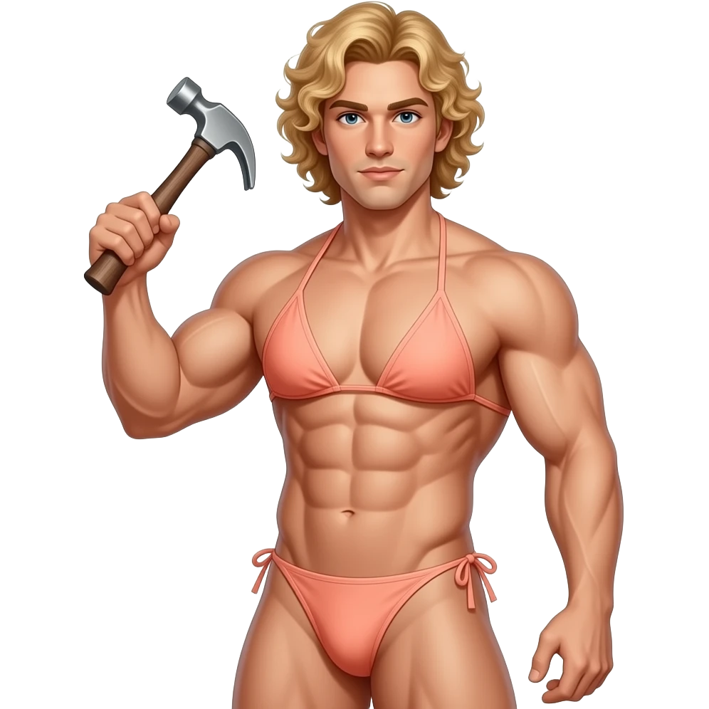 Muscle man with blonde curly hair in peach colored bikini top and thong bottom holding hammer emoji