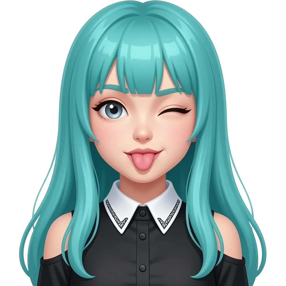 girl, winking, tongue out, long flowing teal hair, grey eyes, black shoulder cyberpunk blouse with fancy white collar emoji