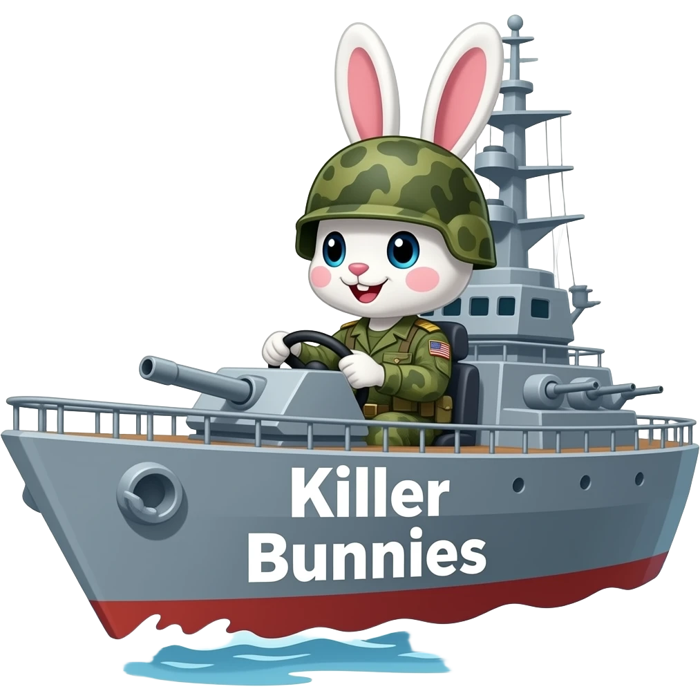 bunny in army fatigues driving a war ship text Killer Bunnies on bow emoji