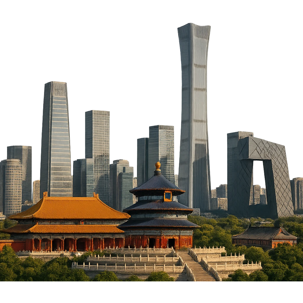 cinematic, realistic emoji of Beijing skyline featuring iconic landmarks such as the Forbidden City, Temple of Heaven, and modern skyscrapers, lifelike detail, accurate colors, bright lighting, wide city view, no sky, fully transparent background emoji