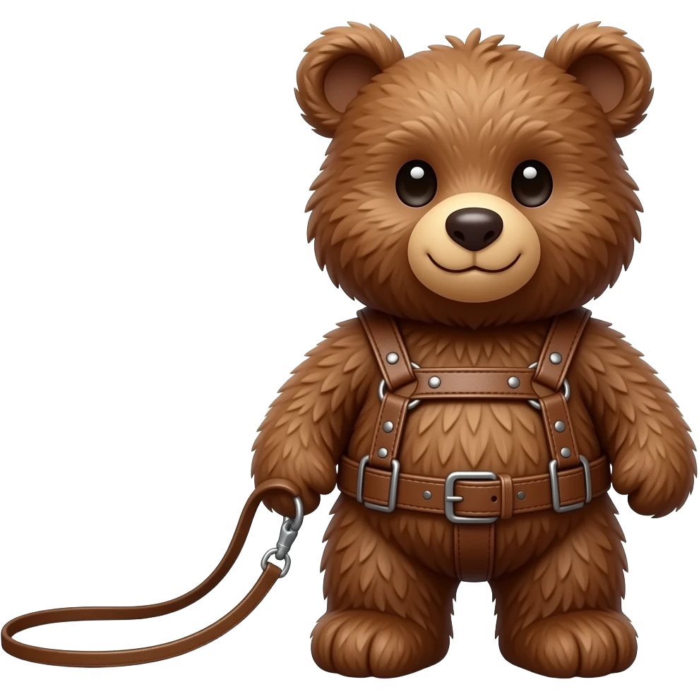 a teddy smokey the bear in a leather harness on a leash emoji