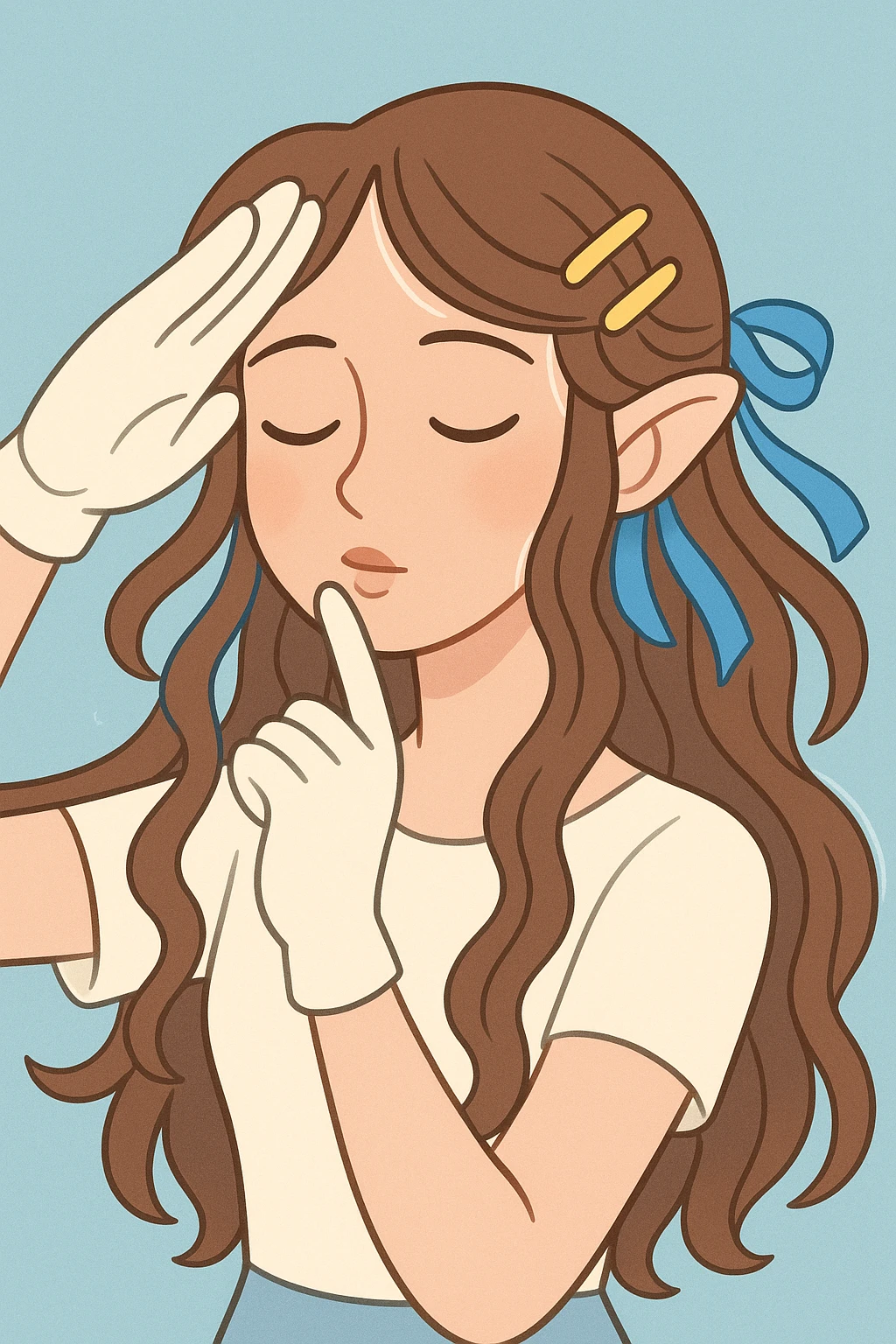 digital illustration of a young woman with long wavy brown hair adorned with golden hair clips and blue ribbons, soft pastel color palette, close-up, light blue textured background, eyes closed, head tilted slightly, gentle serene expression, subtle blush, white glove on right hand raised in military-style salute, multiple strands of hair, pointy ears, delicate ethereal glow, gentle touch to lips conveying intimacy and vulnerability emoji