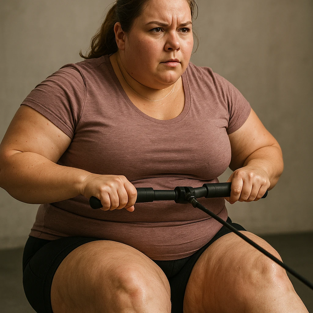 overweight woman training, stubborn fat on legs and thighs (gynoid), hyper realistic 4K style, anatomical details, motivational atmosphere, neutral background emoji