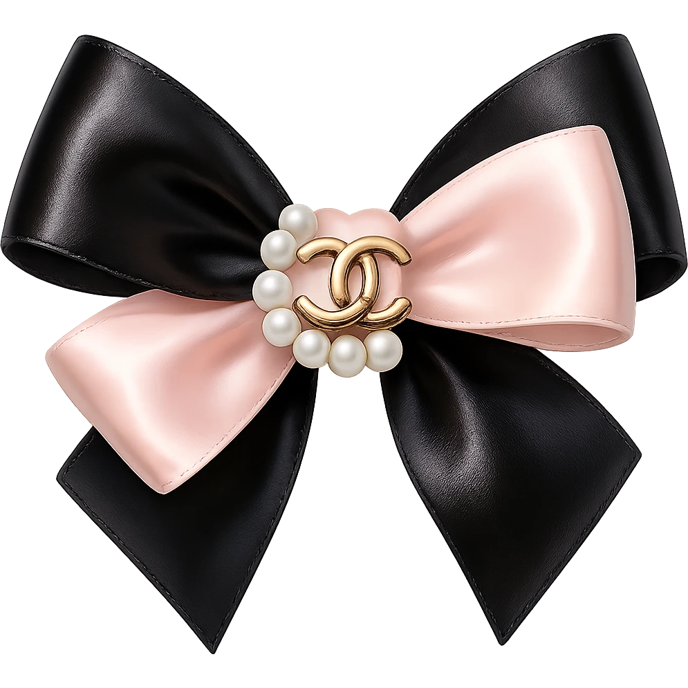 Remove the background, keep only the elegant bow with pearls and gold Chanel logo, glossy, pastel colors, realistic style, with no background. black pink, heart emoji