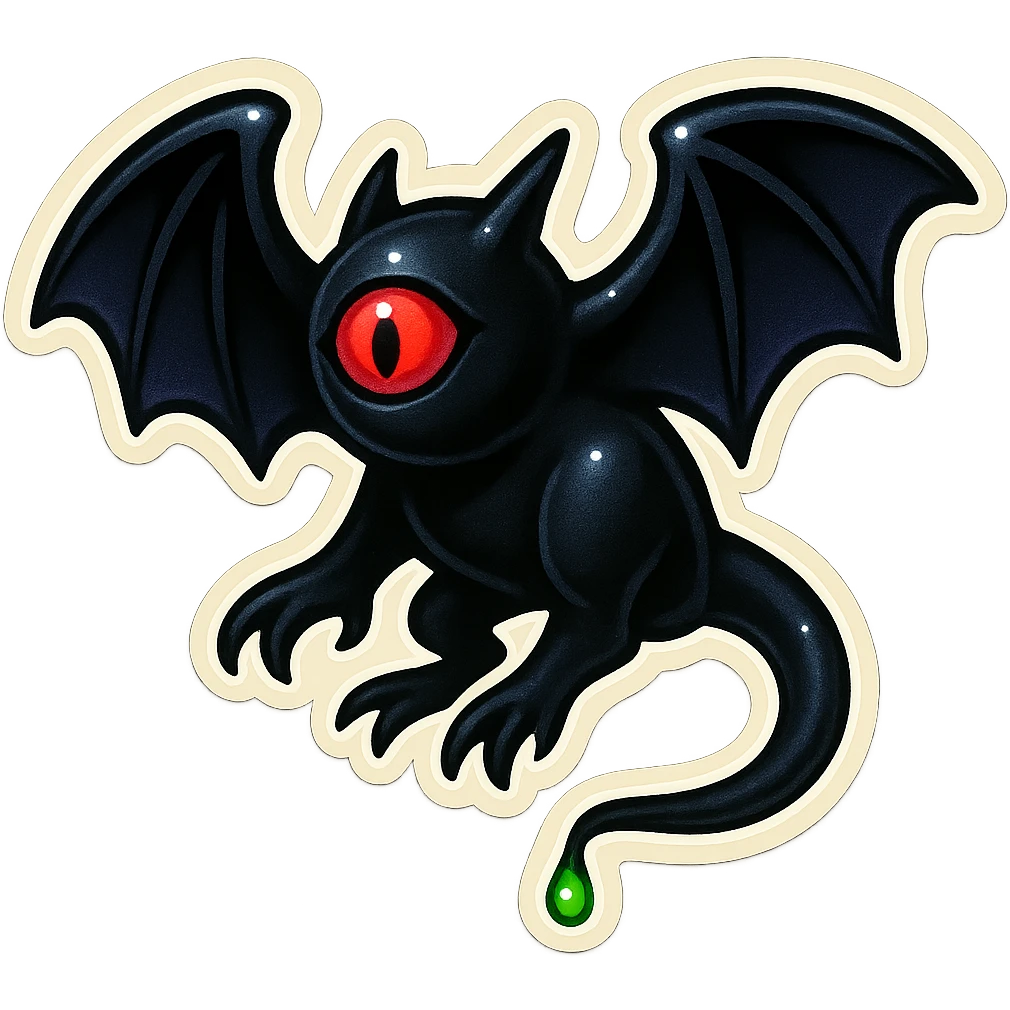 an all black reptilian bat-like creature. One cyclopian red eye in its face. no visible mouth or ears. has a long tale with a stinger that drips green poison emoji