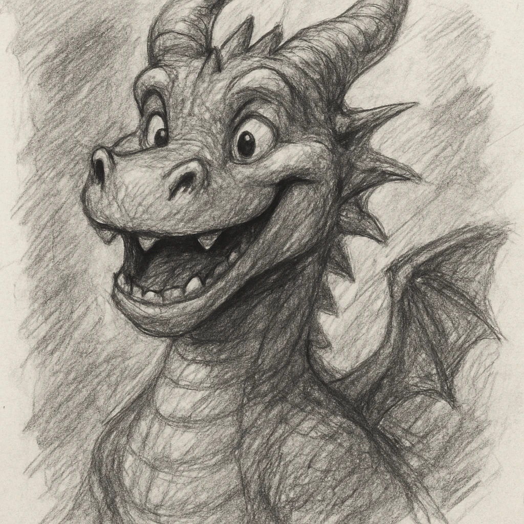 a friendly dragon with a big smile, pencil sketch style emoji