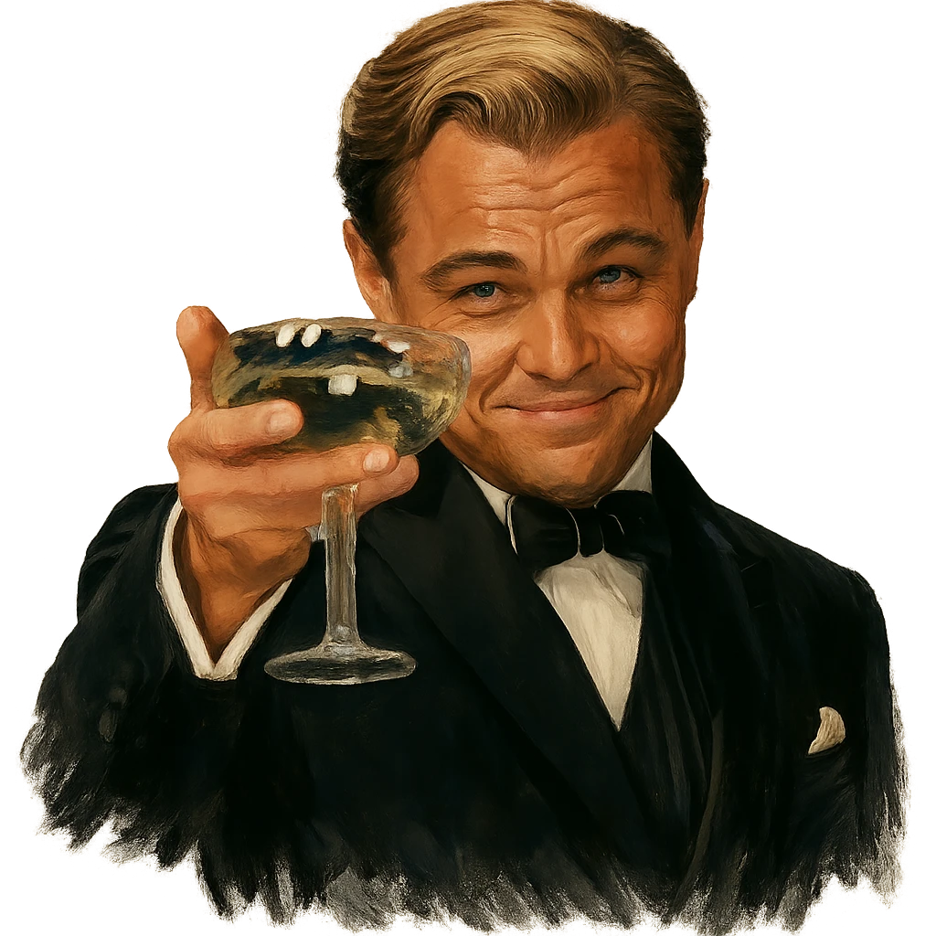 Сделай знаменитый мем с Ди Каприо из Великого Гэтсби, слегка рисованный, но при этом реалистичный объемный стиль, прозрачный фон emoji