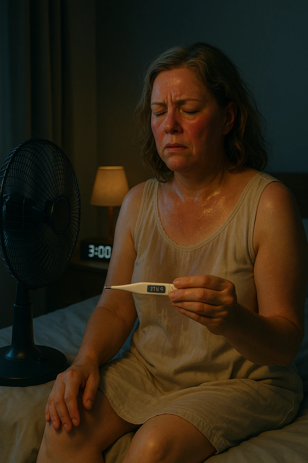 50-year-old woman sitting on bed at 3AM, nightgown soaked in sweat, face flushed as she holds thermometer showing 37.8°C, fan blowing directly on her emoji