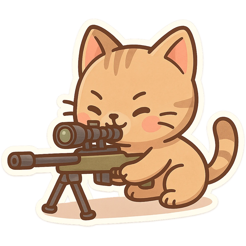 a cartoon cat aiming a sniper rifle, playful style emoji