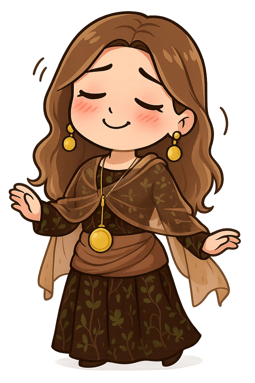 Kurdish cartoon sticker of the same woman in the new dress, tipsy or slightly drunk, rosy cheeks, relaxed smile, swaying, no text, transparent background emoji