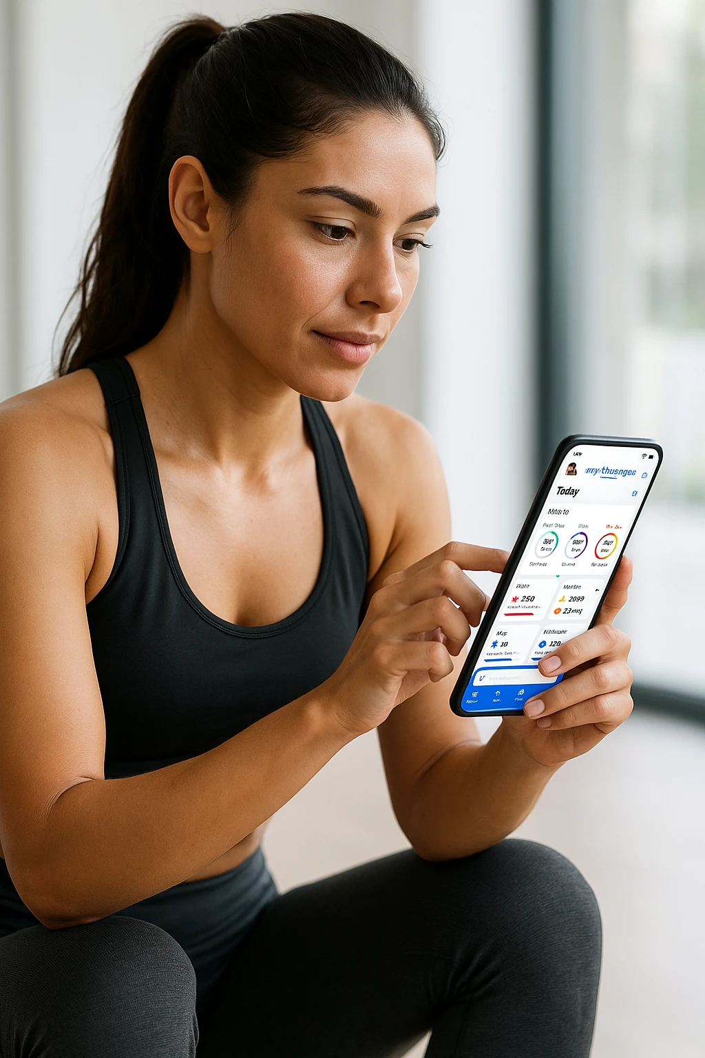 Donna sportiva che usa app contacalorie come myfitnesspal emoji