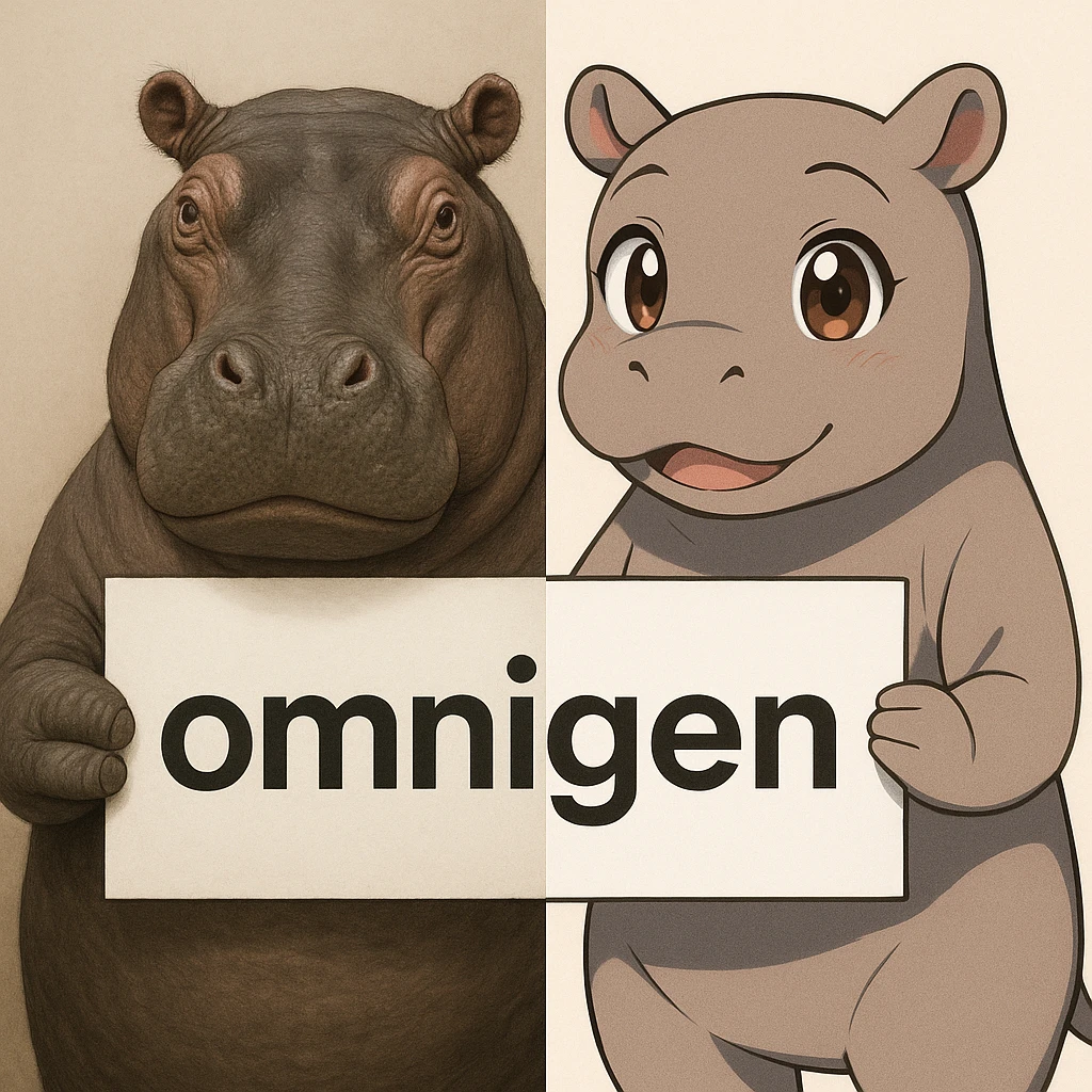 two hippo holding sign of omnigen, half picture 1 hippo is realistic another half is the anime of that same second hippo emoji