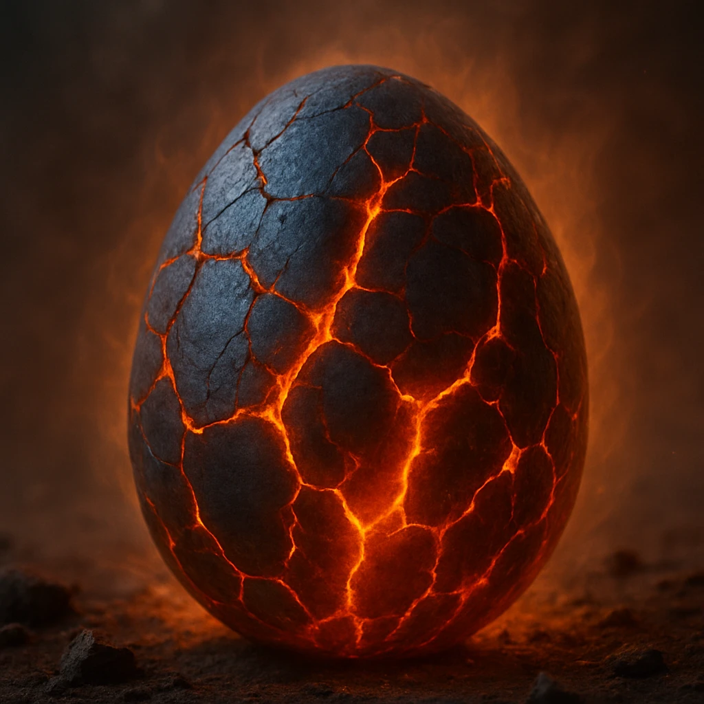 a realistic lava egg with dark stone shell, fiery cracks, heat shimmer effect emoji