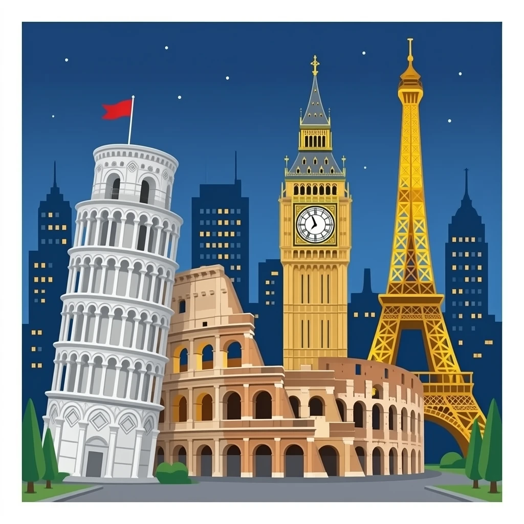 Great Wall of china, leaning tower of Pisa, Big Ben, sad, colosseum, and Eiffel Tower emoji