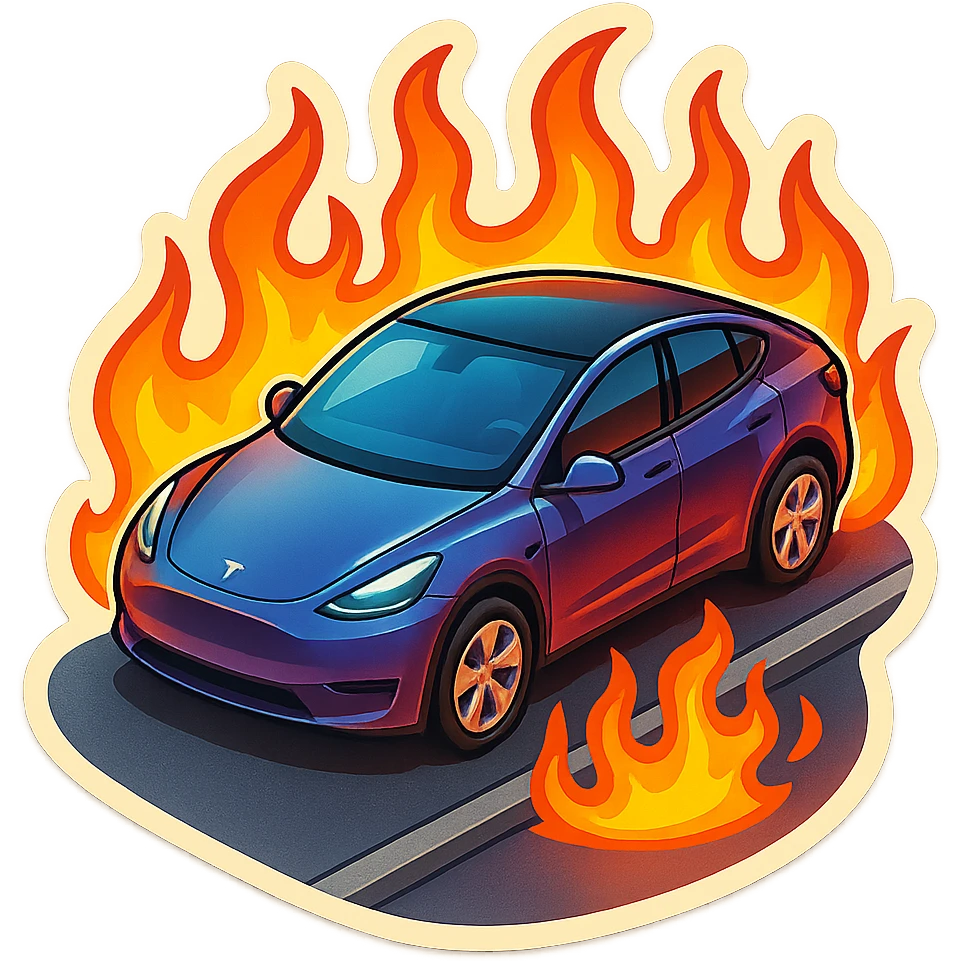 A Tesla Model Y parallel parking at a curb, from above, with fire around emoji