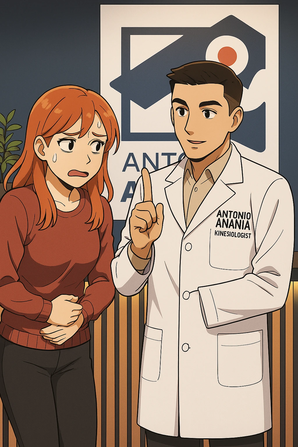 su questo stile fai un manga/webtoon a colori in cui una donna PREOCCUPATA FA UNA DOMANDA ALL'UOMO, l'uomo della foto in stile manga LE DICE DI "NO" CON IL DITO, mantieni un ambiente simile alla foto che ho allegato con il suo logo (sarebbe il suo studio, lui è un kinesiologo), scrivigli "ANTONIO ANANIA" sul camice bianco, non mettere fumetti, ma fai in modo che sembri che la donna CHIEDA ALLARMATA E L'UOMO LA TRANQUILLIZZI emoji